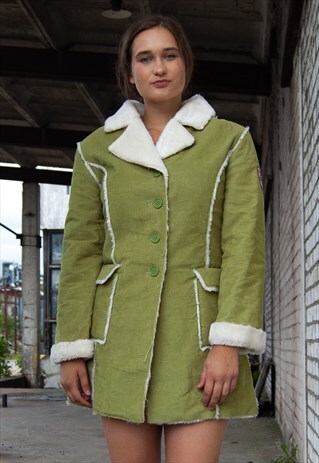 VINTAGE RETRO GREEN CORDUROY FAUX FUR COAT JACKET
