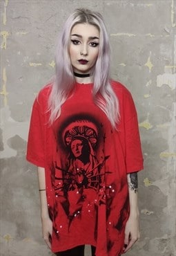 Queen print t-shirt punk distress top paint splatter tee red
