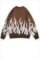 FLAME PRINT SWEATER Y2K FIRE JUMPER RETRO KNIT TOP IN BROWN