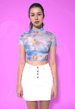 ANGEL PRINT MESH CROP TOP BLUE