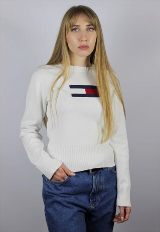 TOMMY HILFIGER SWEATER CREWNECK BIG LOGO WHITE SIZE M