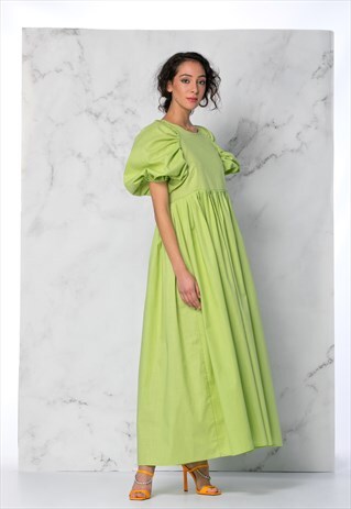 GREEN LINEN MAXI DRESS, PUFF SLEEVE DRESS, LINEN DRESS