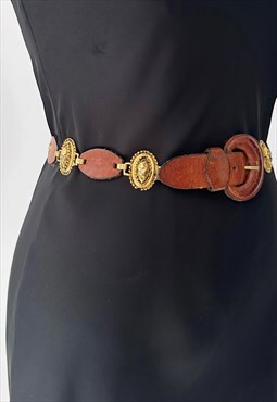 70's Vintage Leather Belt Gold Disc Leather Disc