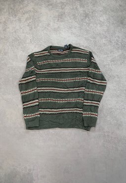 Chaps Knitted Jumper Striped Patterned Grandad Sweater 