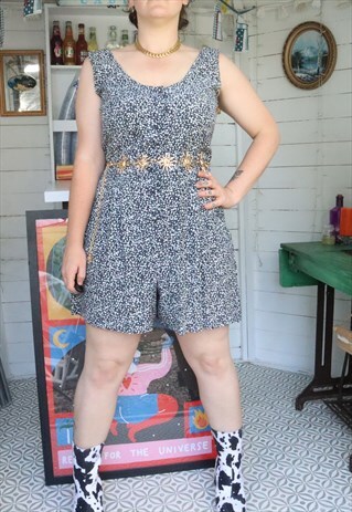 Vintage 90s Blue Floral Flower Flowery Grunge Mini Playsuit
