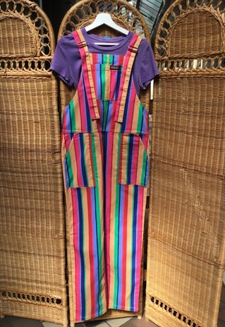 VINTAGE STYLE BOHO RAINBOW STRIPE TWILL DUNGAREES