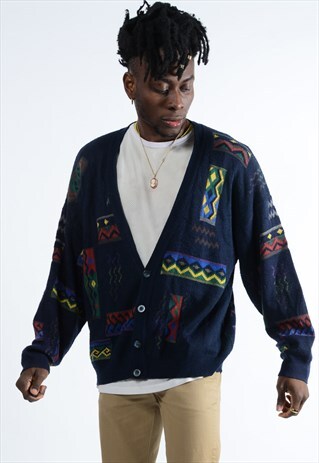 VINTAGE KNITTED CARDIGAN RETRO PATTERN IN BLUE