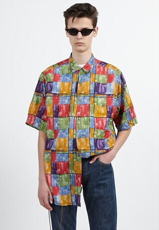VINTAGE GREEN RED BLUE C&A SHORT SLEEVE CHECKERED SHIRT