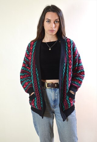 80S VINTAGE PINK & GREEN WOOL ABSTRACT KNIT CARDIGAN