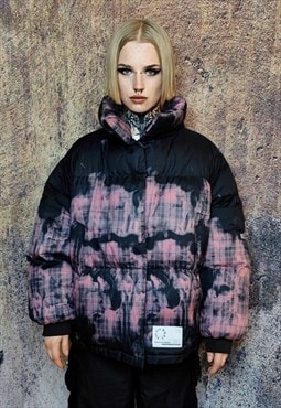 Tartan bomber gradient check graffiti puffer jacket in pink