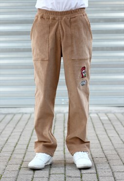 Handmade Corduroy Trousers in Beige Embroidered Design