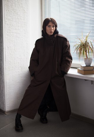 VINTAGE 80'S MAXI HIGH COLLAR COAT IN BROWN