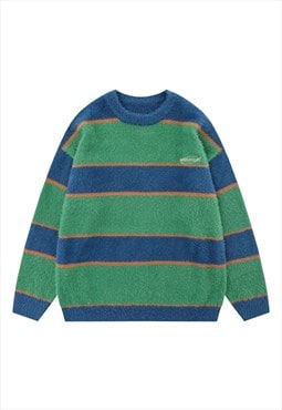 Striped fluffy sweater knitted jumper soft pullover in green