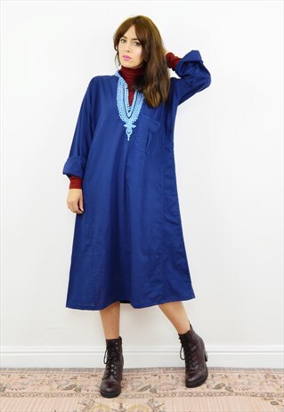 VINTAGE 70S NAVY BLUE EMBROIDERED KAFTAN TUNIC