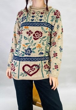 Vintage Size S Floral Knit Jumper in Multi