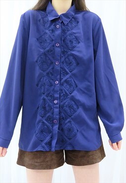 80s Vintage Blue Embroidered Shirt Blouse