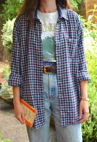 90S VINTAGE RED AND GREEN SMALL CHECKED FLANNEL SHIRT