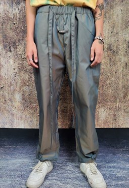 Luminous joggers baggy fit y2k shiny overalls silver green
