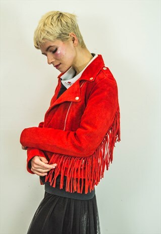 RED SUEDE FRINGE FESTIVAL BIKER JACKET