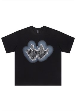 Graffiti patch t-shirt middle finger top punk tee in black