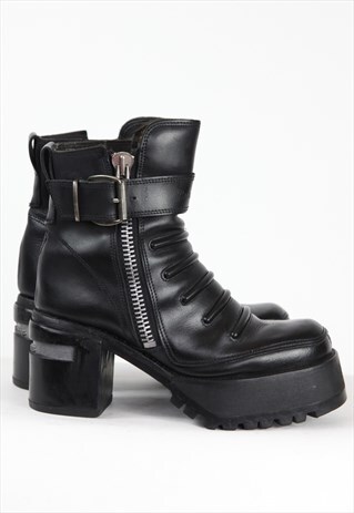 VINTAGE 90'S GRUNGE LEATHER PLATFORM ANKLE BOOTS BLACK UK4