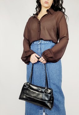 90s brown sheer minimalist balloon sleeve blouse top