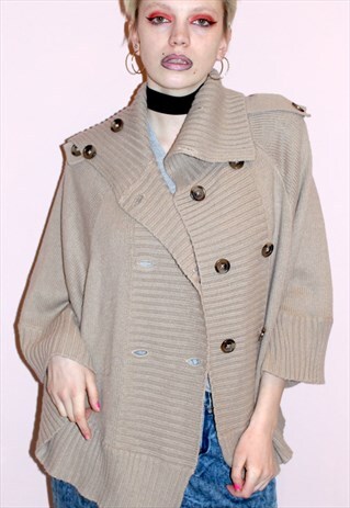 90S VINTAGE BEIGE KNITTED CAPE TOP BOHO FESTIVAL M&S