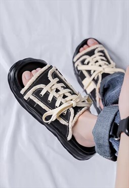 Lace up sliders open toe sandals high fashion shoes in black