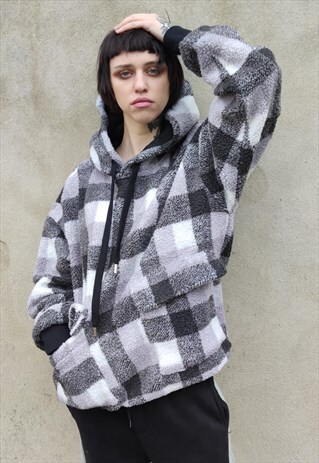 LOOSE FIT OVERSIZED PREMIUM QUALITY FLEECE HOODIE IN CHECK