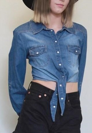 VINTAGE 1990'S DARK WASH DENIM TIE FRONT CROP TOP