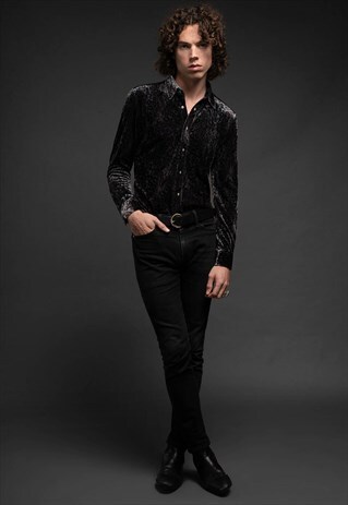 MENS GREY/BLACK LEOPARD PRINT SKULL BUTTON VELVET SHIRT
