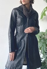 Vintage 90's Black Classic Leather Zip Up Longline Coat