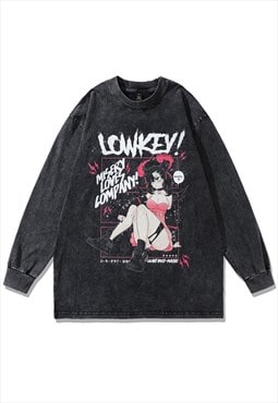 Anime t-shirt old Japanese long tee retro top in acid black 