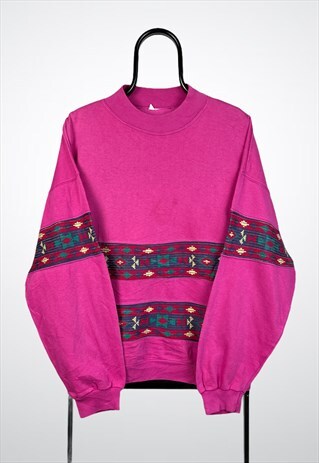 VINTAGE SWEATSHIRT STRIPED PATTERNED PINK MEDIUM