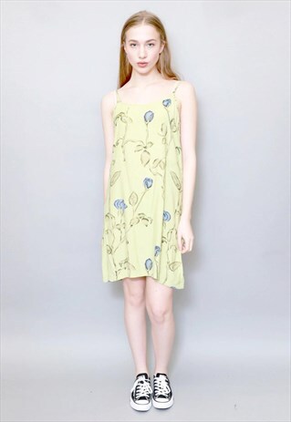 VINTAGE 1990'S GREEN FLORAL PRINT MINI SLIP DRESS