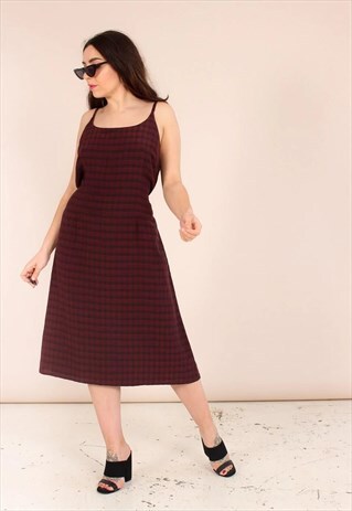 VINTAGE 80S MAROON CHECK PATTERN MIDI SUN DRESS