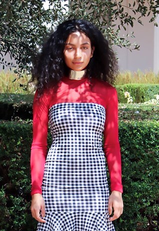 CROPPED MESH TURTLENECK TOP IN RED WITH LONG SLEEVES