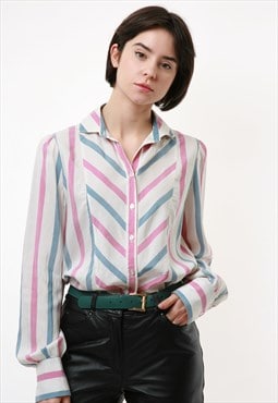 Rare Striped Long Sleeve Buttons Up Seide Shirt Blouse 2116
