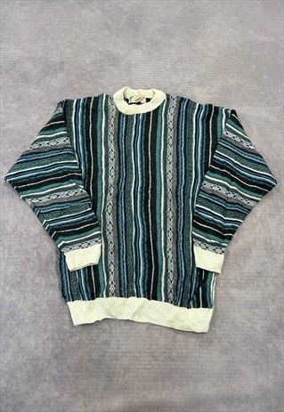 VINTAGE KNITTED JUMPER ABSTRACT PATTERNED GRANDAD SWEATER