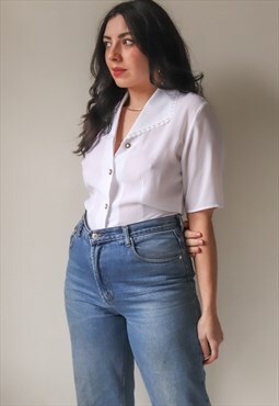 Vintage 80s Wide Collar Blouse in White