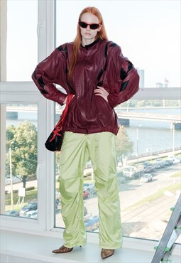 90's Vintage chic leather bomber jacket in burgundy&black