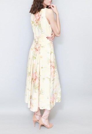 VINTAGE 1990'S PEACHY YELLOW FLORAL PRINT MAXI DRESS