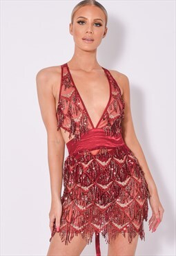 Holly Glam Berry Ombre Sequin Tassel Fringe Sheer Dress