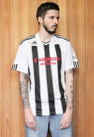 VINTAGE 1990S BLACK AND WHITE STRIPED UMBRO FOOTBALL SHIRT
