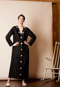Black long linen robe dress, Maxi Linen plus size clothing