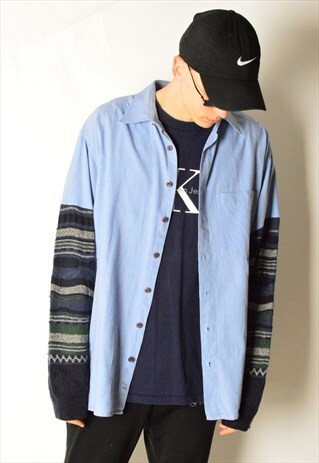REWORKED VINTAGE 90S BLUE SHIRT X KNIT JUMPER