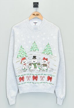 Vintage Snow Bears Christmas Sweatshirt Grey Small
