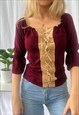 Vintage Y2K milkmaid blouse in burgundy. 
