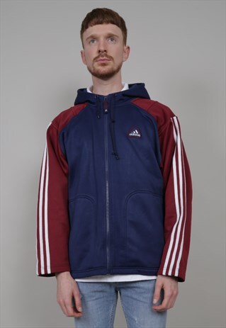 VINTAGE ADIDAS 90'S HOODED NAVY / BURGUNDY TRACKSUIT JACKET