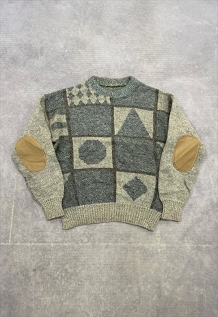 Vintage Knitted Jumper Abstract Patterned Elbow Patches Knit
